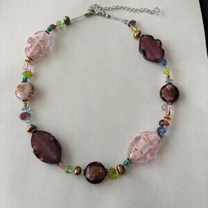 Chunky Purple & Pink Art Glass Necklace Adjustable 17-20”